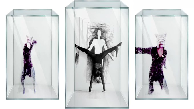 An artistic image showing three glass display cases, with the center one containing a person doing a handstand and silhouetted figures on the sides made of purple/pink textured material.