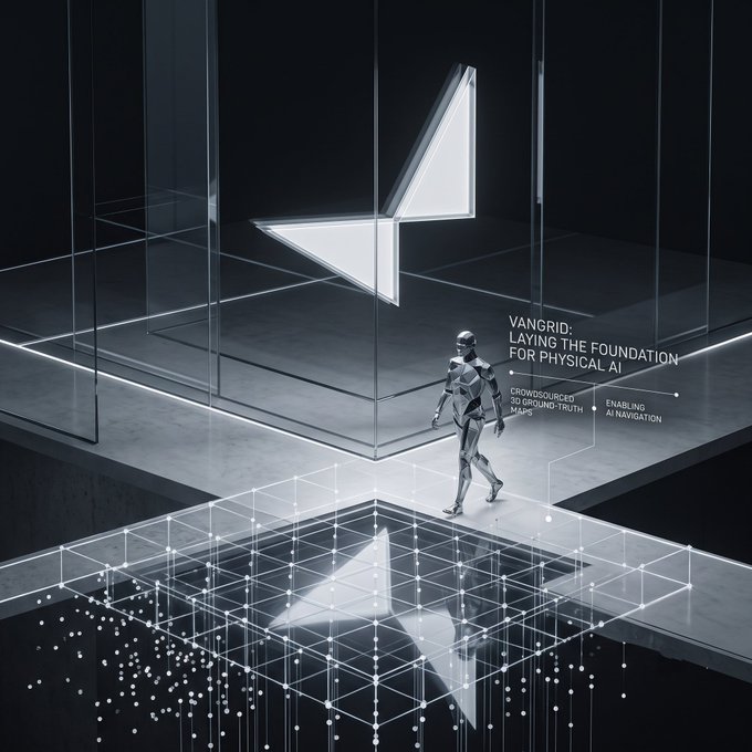 A futuristic 3D rendered scene with a metallic humanoid figure walking on a grid platform in a glass structure, featuring a large geometric symbol and text reading "VANGRID: LAYING THE FOUNDATION FOR PHYSICAL AI" with labels for "CROWDSOURCED 3D GROUND-TRUTH MAPS" and "ENABLING AI NAVIGATION".
