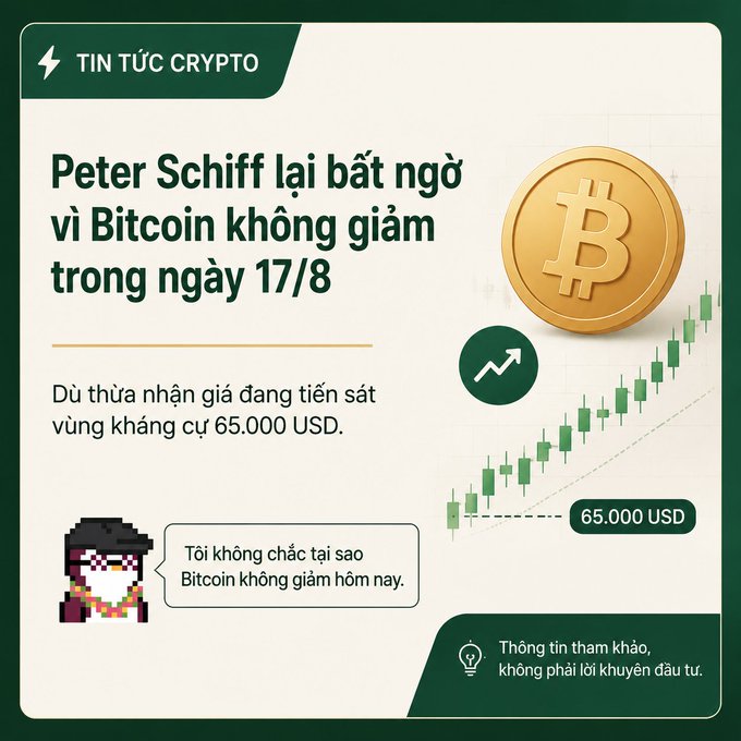 A Vietnamese crypto news graphic announces that "Peter Schiff lại bất ngờ vì Bitcoin không giảm trong ngày 17/8" (Peter Schiff is once again surprised Bitcoin didn't drop on August 17), despite the price approaching the "65.000 USD" resistance zone, illustrated by a Bitcoin logo and an ascending candlestick chart. A pixel-art figure of Schiff is shown saying "Tôi không chắc tại sao Bitcoin không giảm hôm nay" (I'm not sure why Bitcoin didn't drop today), tying directly to the post's mention of his confusion over BTC's resilience near resistance.