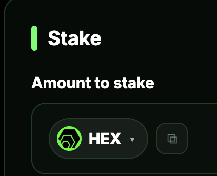 A screenshot of a crypto staking interface showing 'Stake', 'Amount to stake', and a HEX token selection dropdown on a dark background.