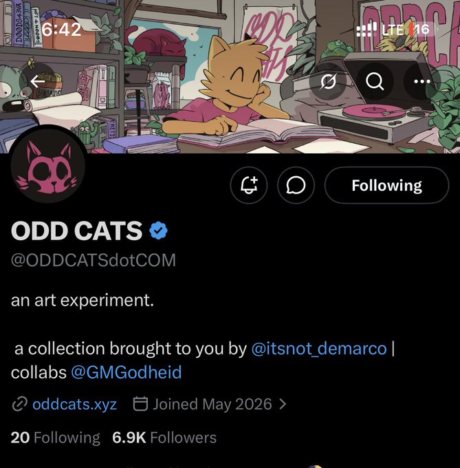 Twitter/X profile page for ODD CATS (@ODDCATSdotCOM), described as "an art experiment" with collabs by @itsnot_demarco and @GMGodheid, showing 6.9K followers.