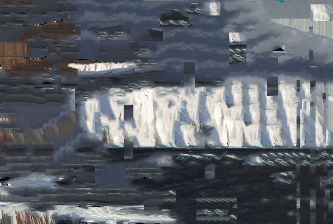 A distorted, glitchy image with heavy pixelation artifacts and rectangular blocky distortions obscuring the underlying scene, appearing as a corrupted digital photo.