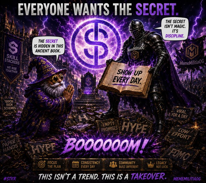 A promotional graphic reading 'EVERYONE WANTS THE SECRET' featuring a wizard and an armored knight discussing discipline, with messages like 'SHOW UP EVERY DAY' and 'THIS IS NOT A TREND. THIS IS A TAKEOVER.'