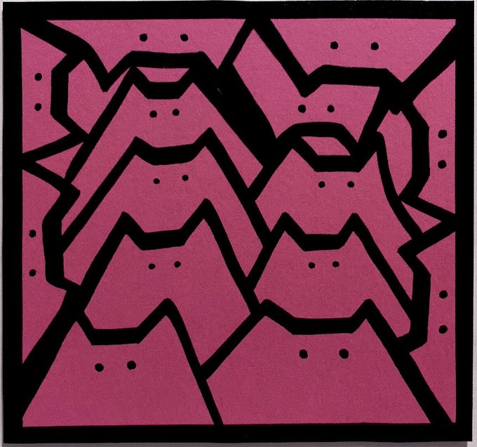 A pink and black pop-art style illustration featuring repeating abstract angular shapes with pairs of dot eyes, reminiscent of Keith Haring's graphic style.