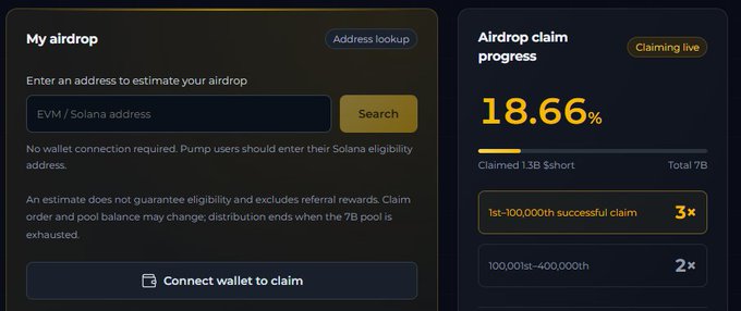 A digital interface displays an airdrop claim page, with the left panel showing an 'EVM / Solana address' search field and the right panel indicating 18.66% claim progress with '1.3B $short' claimed out of a 7B total.