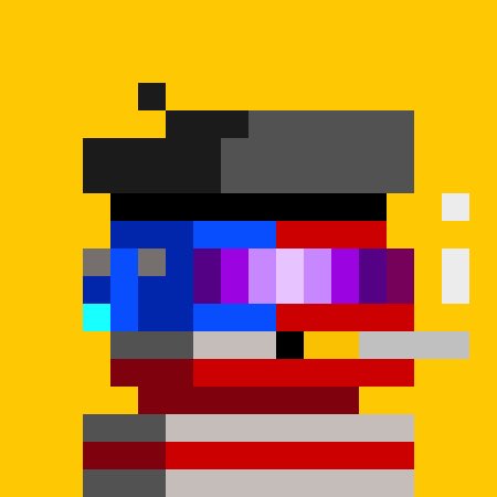 Pixel art character with a black cap, blue hair, and colorful outfit against a yellow background.