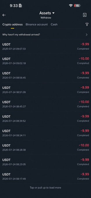 A Binance withdrawal history screen showing ten USDT transactions of approximately -$10 each, all marked as Completed on 2026-07-24 between 08:17 and 09:07, visually supporting the claim of sending $10 to 20 people the previous day.