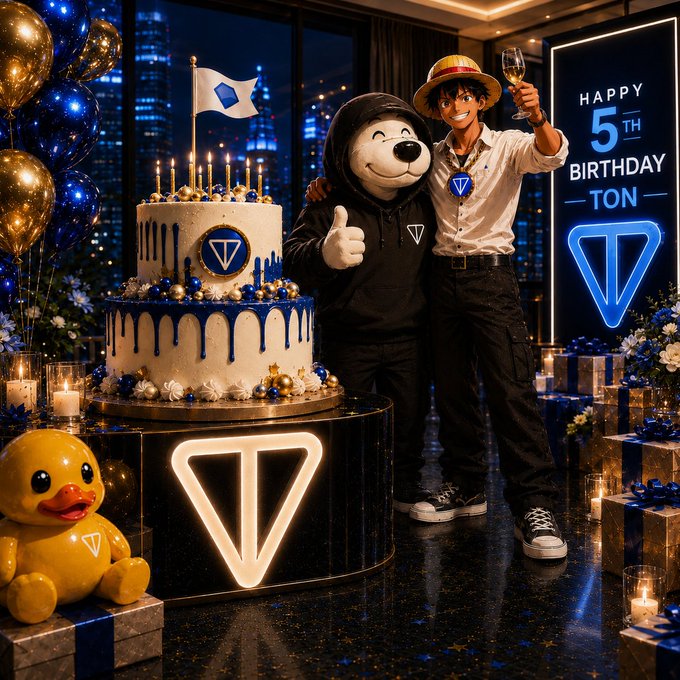 The image features two people standing next to a large cake with blue and gold decorations, celebrating someone's 5th birthday. A cartoon character wearing a hat is also present near the cake. In the background, there are several gift boxes placed on tables, indicating that gifts have been received for this special occasion. The post seems to be related to a celebration or milestone event, possibly an anniversary of The Open Network's creation in May 2021.