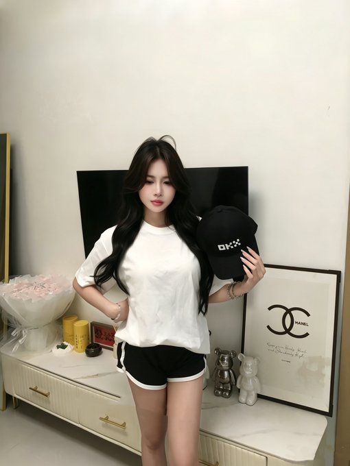A young woman with long dark hair poses in a white t-shirt and black shorts while holding a black cap with "OKX" text, standing beside a Chanel-branded display and decorative bear figurines—seemingly unrelated to the cryptocurrency market brief about August's volatility and sector rotations.