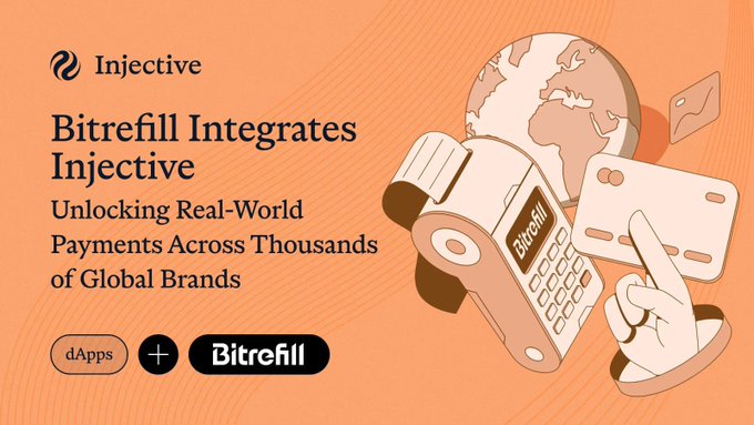 A banner for Injective announces "Bitrefill Integrates Injective" with the subtitle "Unlocking Real-World Payments Across Thousands of Global Brands," featuring an illustration of a card payment device and globe.