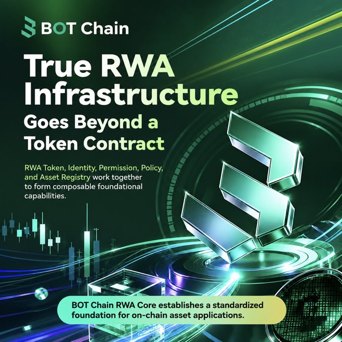 A promotional graphic for 'BOT Chain' titled 'True RWA Infrastructure Goes Beyond a Token Contract', explaining that RWA Token, Identity, Permission, Policy, and Asset Registry work together, with a subtitle stating 'BOT Chain RWA Core establishes a standardized foundation for on-chain asset applications.'