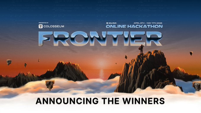 A hackathon promotional banner titled 'FRONTIER' presented by Colosseum, dated 'APRIL 6TH - MAY 11TH 2026', with the subtitle 'ANNOUNCING THE WINNERS' over an illustrated scene of a figure on a mountain peak above clouds at sunset.