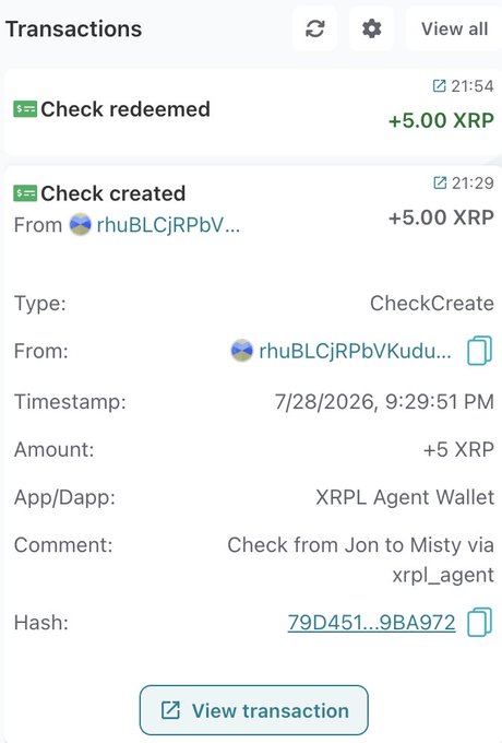 Screenshot of a crypto wallet transactions page showing a 'Check created' and 'Check redeemed' transaction for +5.00 XRP via 'XRPL Agent Wallet' with the comment 'Check from Jon to Misty via xrpl_agent'.