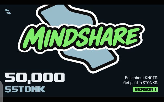A graphic displays the word "MINDSHARE" in green graffiti-style text, advertising a reward of "50,000 $STONK" for posting about KNOTS during "SEASON 1".