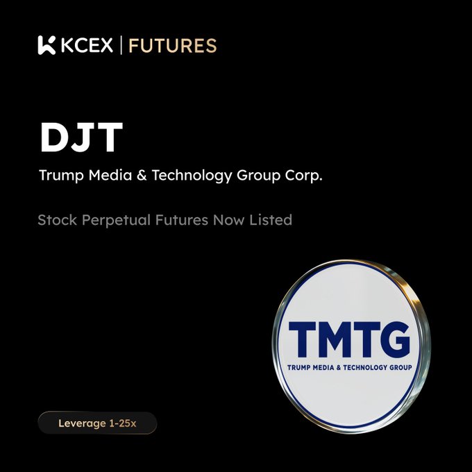 Announcement from KCEX Futures listing DJT (Trump Media & Technology Group Corp.) Stock Perpetual Futures with 1-25x leverage.