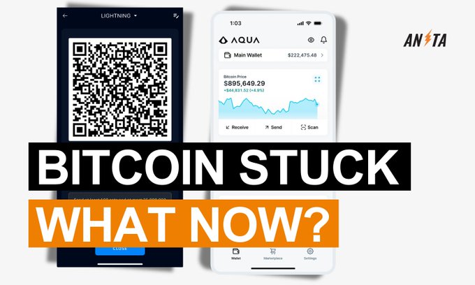 YouTube thumbnail titled 'BITCOIN STUCK WHAT NOW?' showing the Aqua wallet app displaying a balance of $895,649.29 and a Lightning Network QR code.