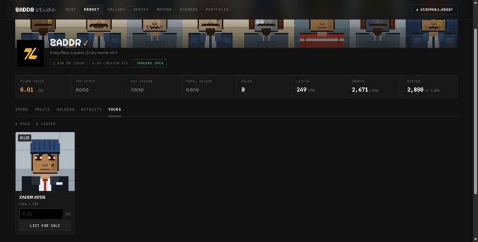 A screenshot of the BADDR studio NFT marketplace showing floor price of 0.01 BTC, listing stats (listed 249, owners 2,671, minted 2,800), and a YOURS tab displaying a pixel art character 'ZACKER #515' by YOKA.