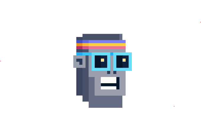 A pixel art illustration of a grey character wearing blue glasses and a headband with red, orange, and blue stripes.