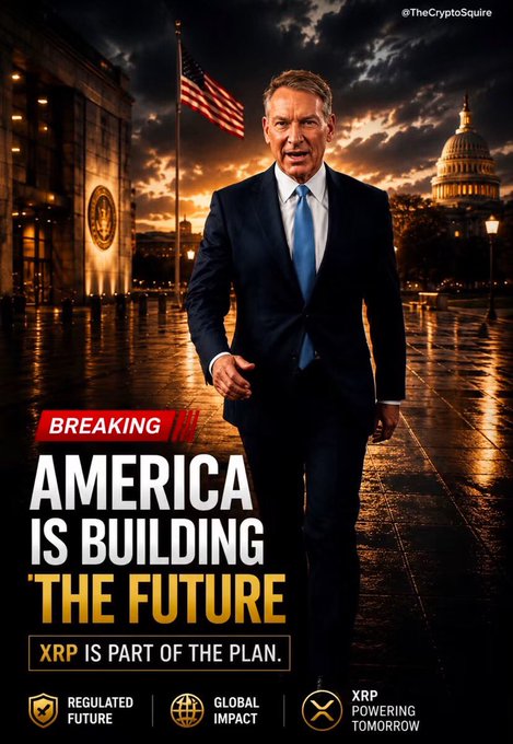 A political/crypto promotional graphic featuring a man in a suit walking past the U.S. Capitol with the text 'BREAKING: AMERICA IS BUILDING THE FUTURE - XRP IS PART OF THE PLAN.' credited to @TheCryptoSquire.
