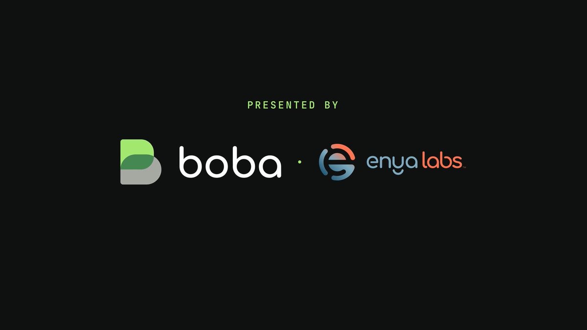 The image features a black background with the text "PRESENTED BY" in green above two logos: the "boba" logo with a green and gray "b" icon, and the "enya labs" logo with a multicolored "e" icon. This serves as a co-branded title card indicating that the Boba Network's SCALE event in Dubai is co-sponsored by Enya Labs.