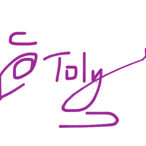 A purple handwritten signature or tag that appears to read 'Toly' with a stylized eye-like design.
