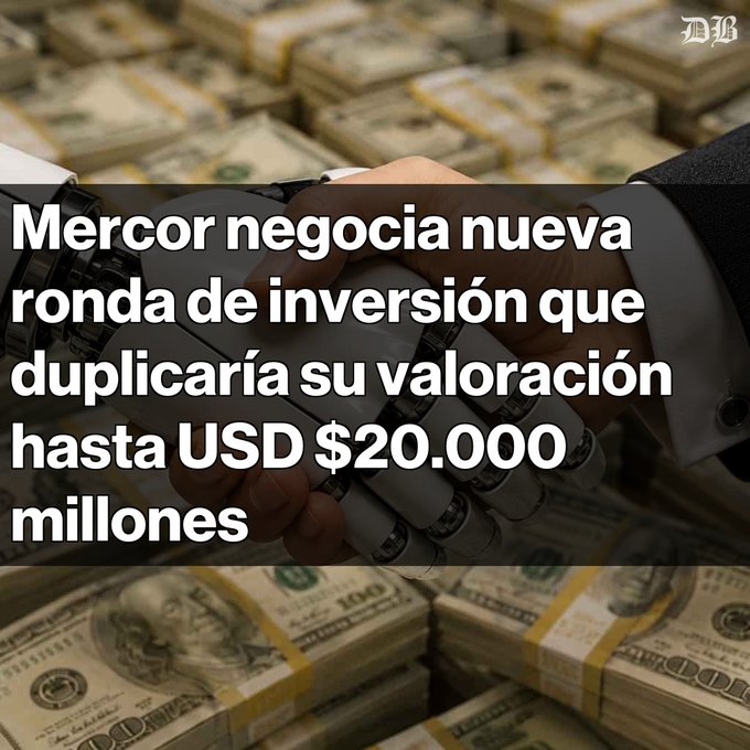 A news graphic showing a handshake between a human and robotic hands over stacks of US $100 bills, with the headline: 'Mercor negocia nueva ronda de inversión que duplicaría su valoración hasta USD $20.000 millones'.
