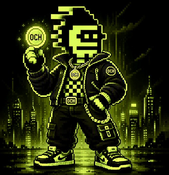 Pixel art of a character with a green dollar sign for a face, wearing a black bomber jacket adorned with chains and 'OCH' badges, holding a glowing coin against a city skyline.