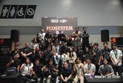 A group photo of attendees at the "Build on Stellar" event during Philippine Blockchain Week 2026. A screen in the background displays the word "ECOSYSTEM" and the bottom right corner features the text "Rise in Stellar."