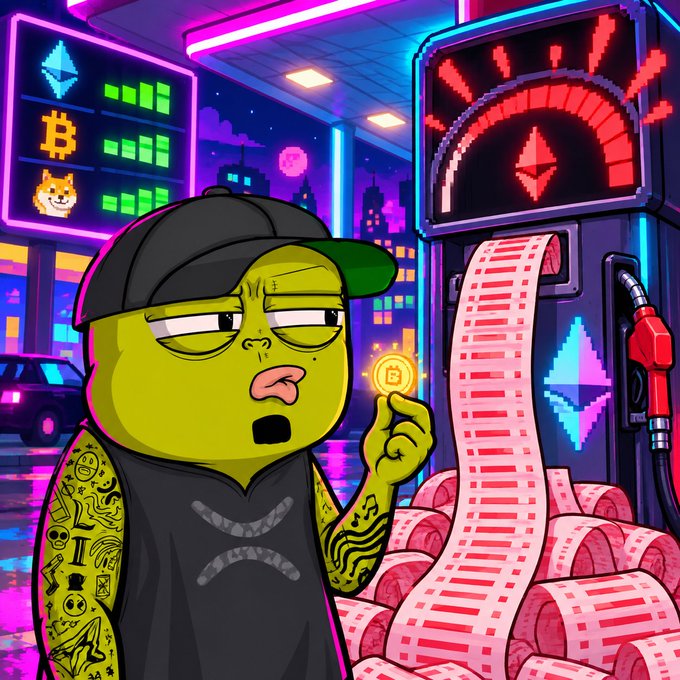A cartoon-style illustration of a green-skinned character in a cap holding a Bitcoin coin, standing in front of an Ethereum ATM dispensing red receipts.