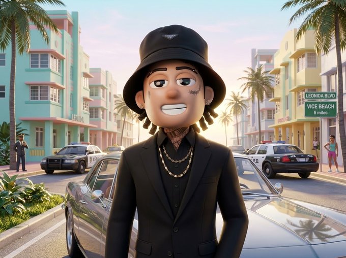 A cartoon-style character wearing a black bucket hat, suit, and gold chains stands in front of a car on a Miami Beach street, with a police car and a sign reading 'LEONIDA BLVD VICE BEACH 5 miles' visible in the background.