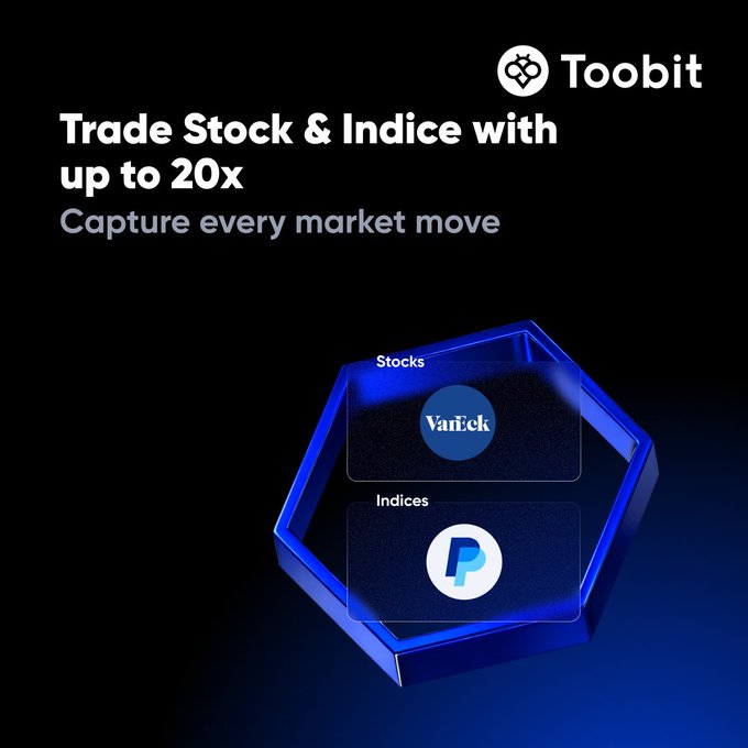 Toobit promotional graphic announcing new stock and index futures listings (PYPLUSDT and SMHUSDT) with up to 20x leverage, featuring a glowing blue hexagonal platform displaying the VanEck stock logo and PayPal (PYPL) index logo under "Capture every market move" tagline.