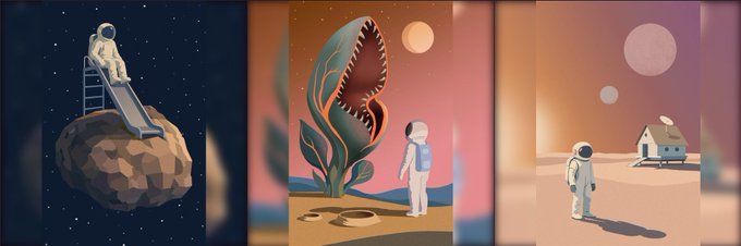 Three AI-generated artistic scenes featuring astronauts: one sliding down a slide from an asteroid in space, one facing a large Venus flytrap-like plant on an alien planet, and one standing before a small house on a desert landscape with planets in the sky.