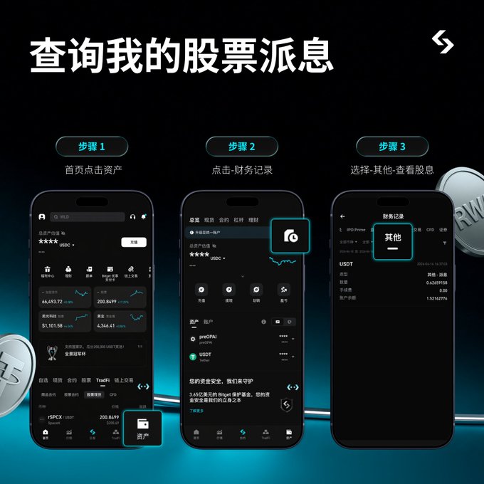 Chinese-language promotional graphic for a cryptocurrency/stock app titled '查询我的股票派息' (Query My Stock Dividends), showing three mobile phone screens with steps 1, 2, and 3 for accessing financial records and dividend information.