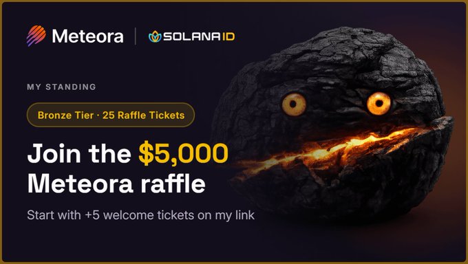 A promotional graphic for the Meteora $5,000 raffle on Solana, showing a Bronze Tier standing with 25 raffle tickets, featuring a cracked rock with glowing lava against a dark background.