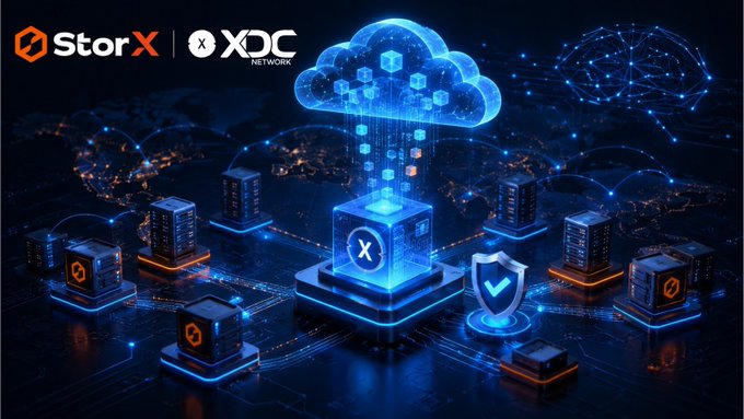 A digital graphic showing "StorX | XDC NETWORK" branding alongside a glowing cloud of data cubes feeding into a central XDC node, surrounded by server racks and a security shield, visually representing StorX Network's expansion into operating XDC masternodes as part of its decentralized DePIN infrastructure supporting AI-era data.