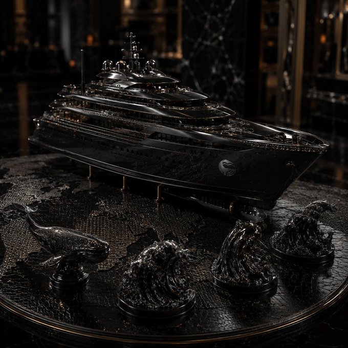 A detailed black model of a cruise ship displayed on a stand with sculpted whale and wave figures on a textured base.