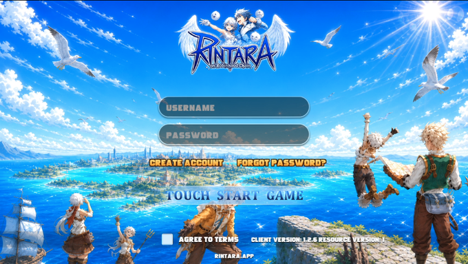 Login screen for the game Rintara displaying username and password fields, anime-style characters, a fantasy landscape background, and options to create an account or touch to start game.