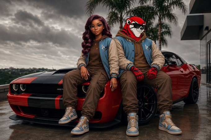 Two figures in matching brown and blue varsity jackets pose on a red and black Dodge SRT muscle car; one is a woman with long burgundy hair and glasses, the other wears a red mascot-style mask and red gloves.