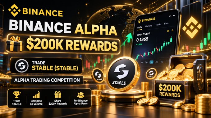A promotional banner for Binance Alpha advertises a $200K rewards trading competition involving the STABLE/USDT token, featuring a smartphone displaying the Binance app with a price of 0.1865.