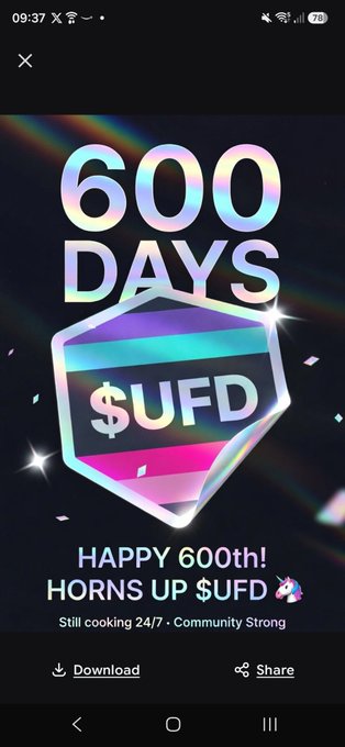 A celebratory digital graphic marking "600 DAYS" of $UFD, featuring a shimmering badge design with text "HAPPY 600th! HORNS UP $UFD" and "Still cooking 24/7 - Community Strong," reinforcing the post's message of persistence, passion, and community-driven creation around the $UFD token.