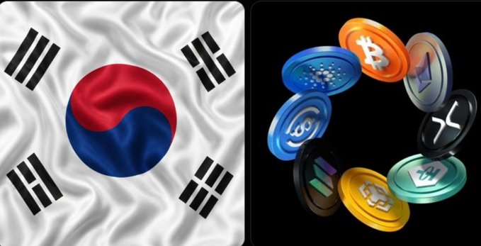 The image is split into two panels: on the left, the South Korean flag, and on the right, a circular arrangement of various cryptocurrency tokens, including Bitcoin (B), Cardano (ADA), XRP, and Solana (SOL). Together, the visuals symbolize South Korea's initiative to bring traditional financial assets onto the blockchain, bridging national finance with digital assets.