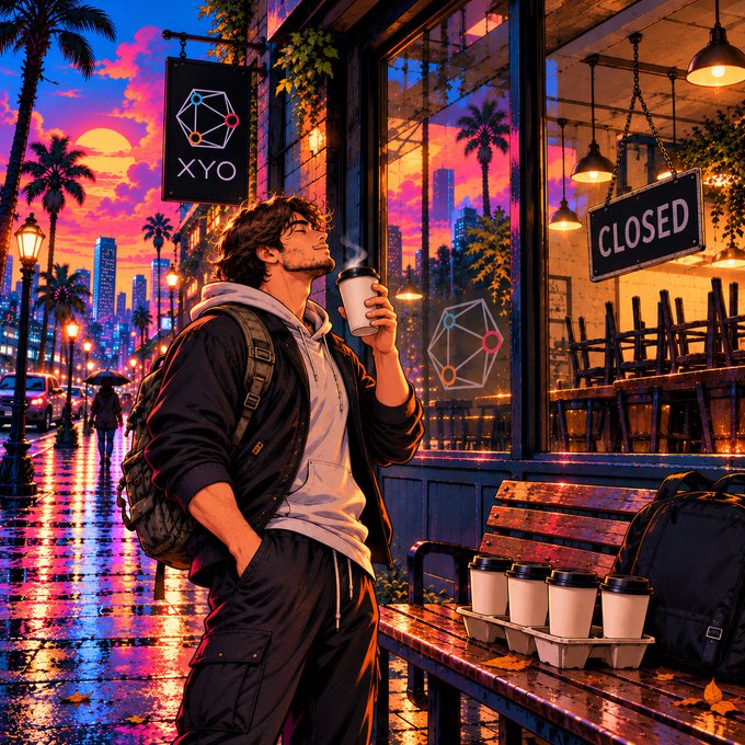 A man with a backpack drinks from a coffee cup outside a cafe with a 'CLOSED' sign and a 'XYO' logo, set against a vibrant sunset cityscape with palm trees.