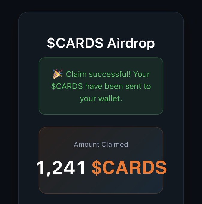 A confirmation screen for a $CARDS Airdrop showing a successful claim message and an amount claimed of 1,241 $CARDS.