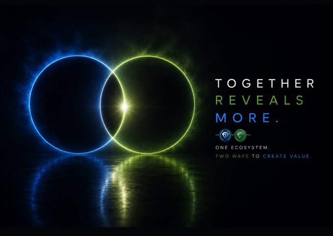 Two glowing interlocking rings—one blue and one green—illuminate against a dark background, with the tagline "TOGETHER REVEALS MORE. ONE ECOSYSTEM. TWO WAYS TO CREATE VALUE." The image visually reinforces the post's message by symbolizing the union of two ecosystem components ($FUSD and $FUST) into a single, self-supporting whole after six years of development.