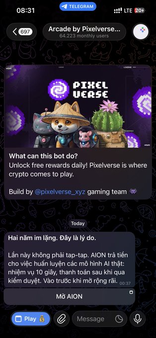 A screenshot of a Telegram chat with 'Arcade by Pixelverse' (64,223 monthly users), featuring pixel art mascots and a Vietnamese message about AI image generation on AION.
