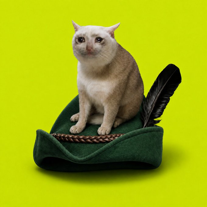 A cream-colored cat sits atop a green velvet hat adorned with a black feather, set against a bright lime-green background.