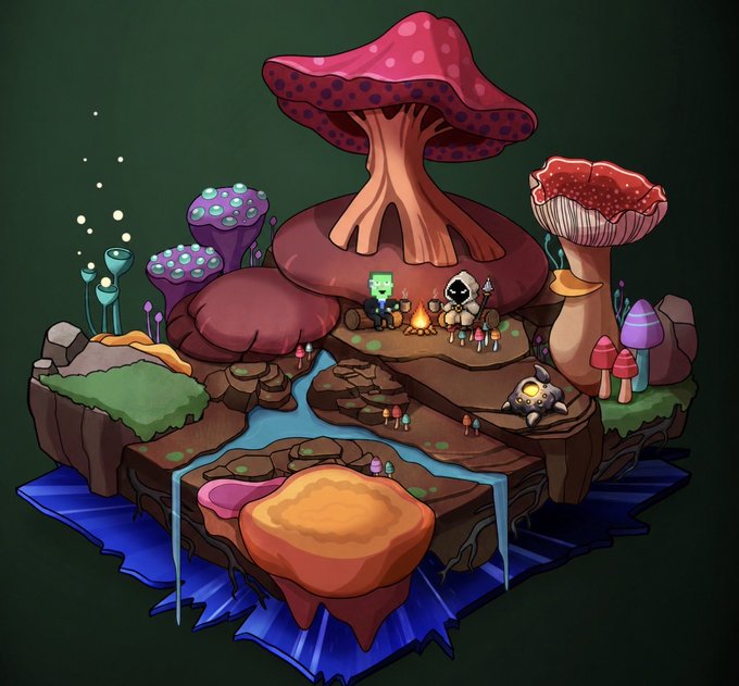 A colorful isometric digital illustration of a fantasy landscape featuring large mushrooms, characters sitting by a campfire, and a small creature on a floating island.