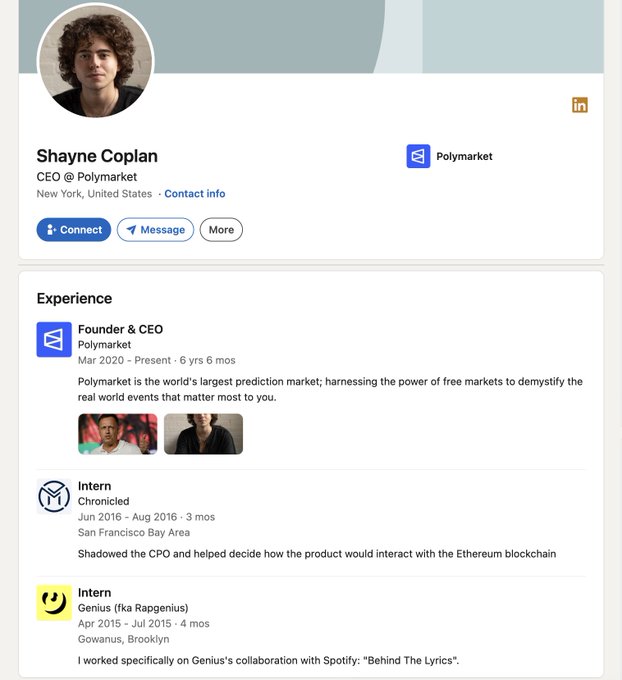 LinkedIn profile page for Shayne Coplan, CEO of Polymarket, based in New York, listing experience as Founder & CEO since March 2020.