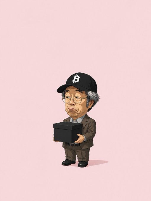 A cartoon caricature of an older man wearing a suit and a black Bitcoin cap, holding a black box against a pink background.