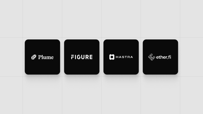 Four black square tiles displaying the logos for crypto projects Plume, FIGURE, HASTRA, and ether.fi.